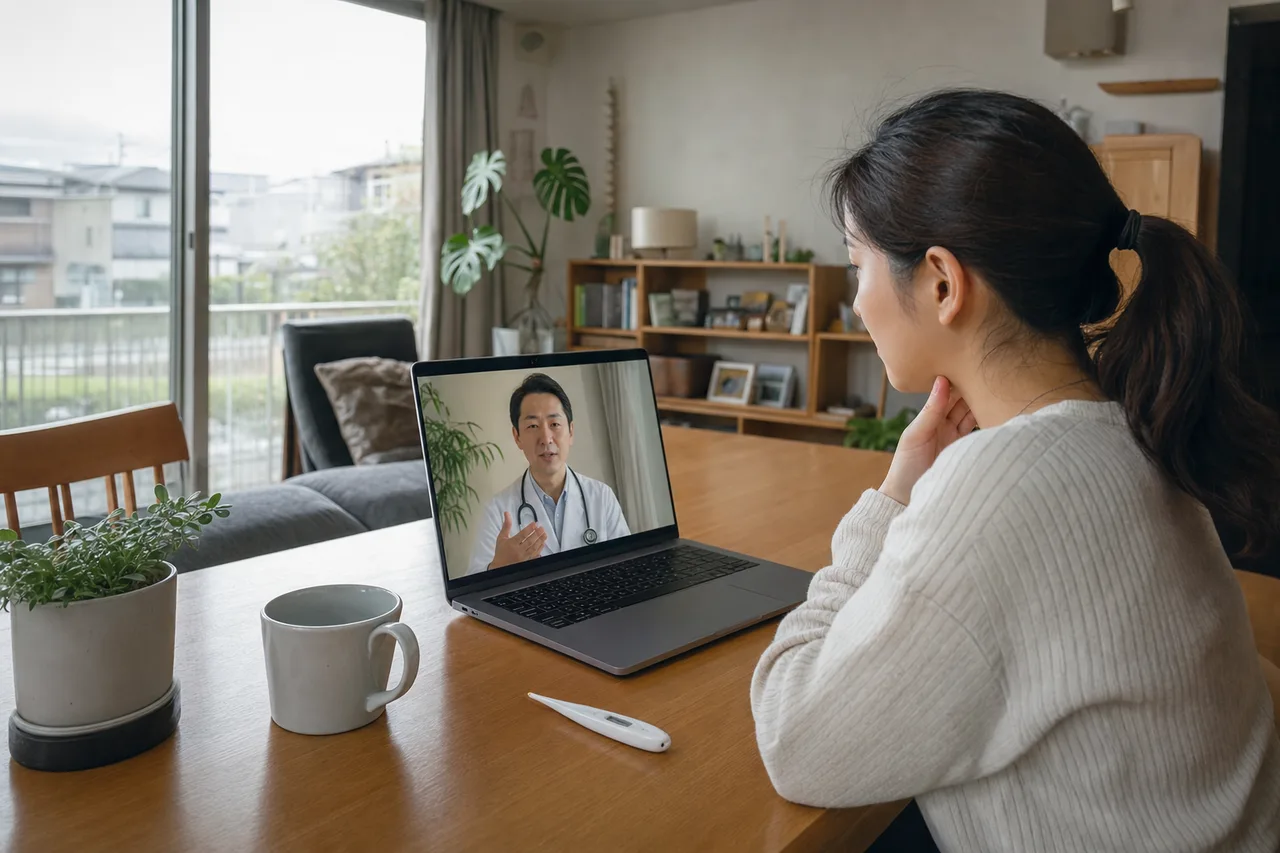 自宅でオンライン診療を受ける患者（ブログ記事用）。自宅でオンライン診療を受ける患者をテーマに、ブログ記事用として使いやすく構成した商用AI素材です。