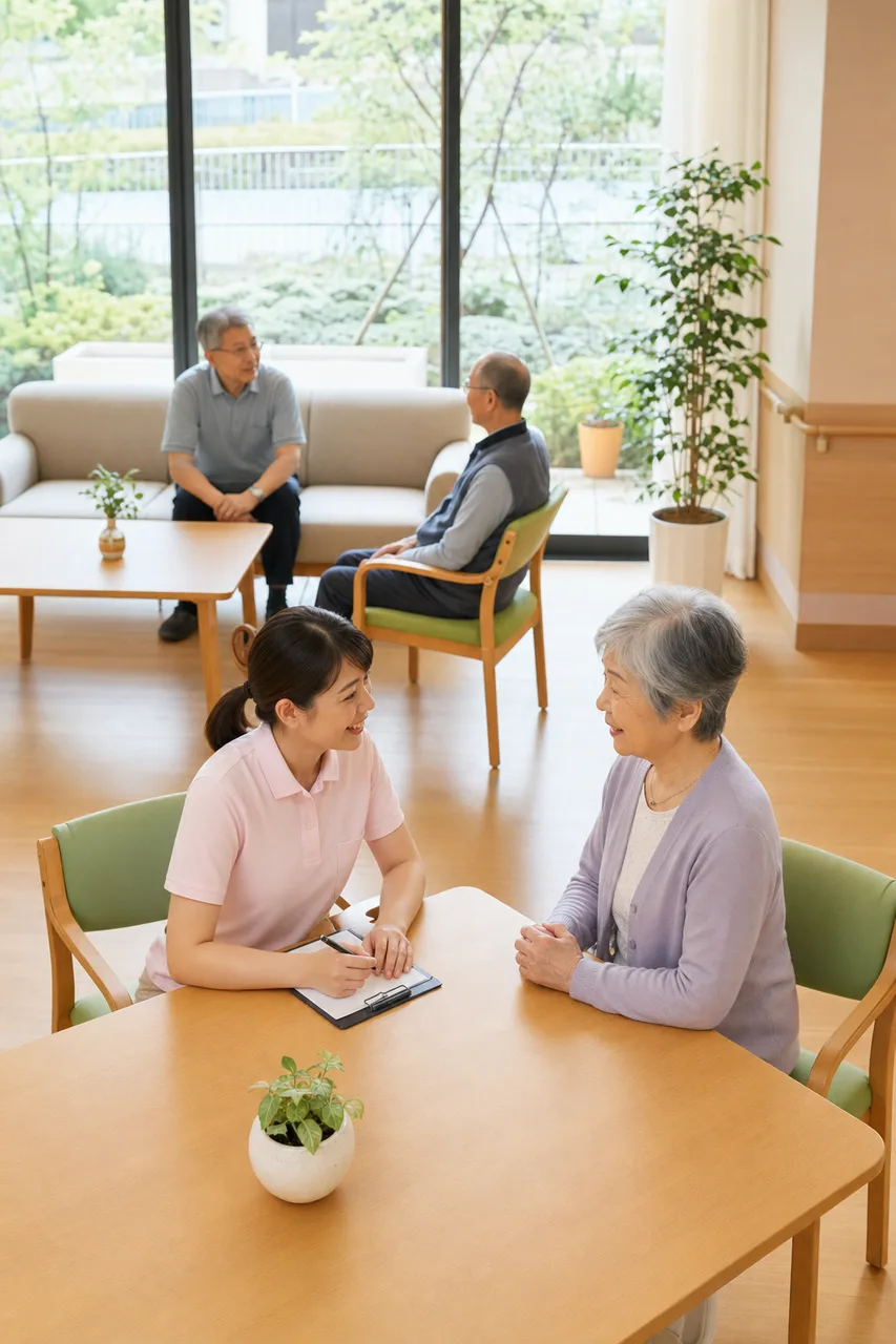 介護施設で会話する介護士と高齢者（ブログ記事用）。介護施設で会話する介護士と高齢者をテーマに、ブログ記事用として使いやすく構成した商用AI素材です。