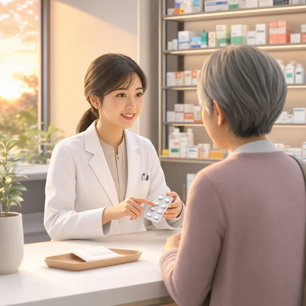薬局で服薬説明をする薬剤師（ブログ記事用）。薬局で服薬説明をする薬剤師をテーマに、ブログ記事用として使いやすく構成した商用AI素材です。