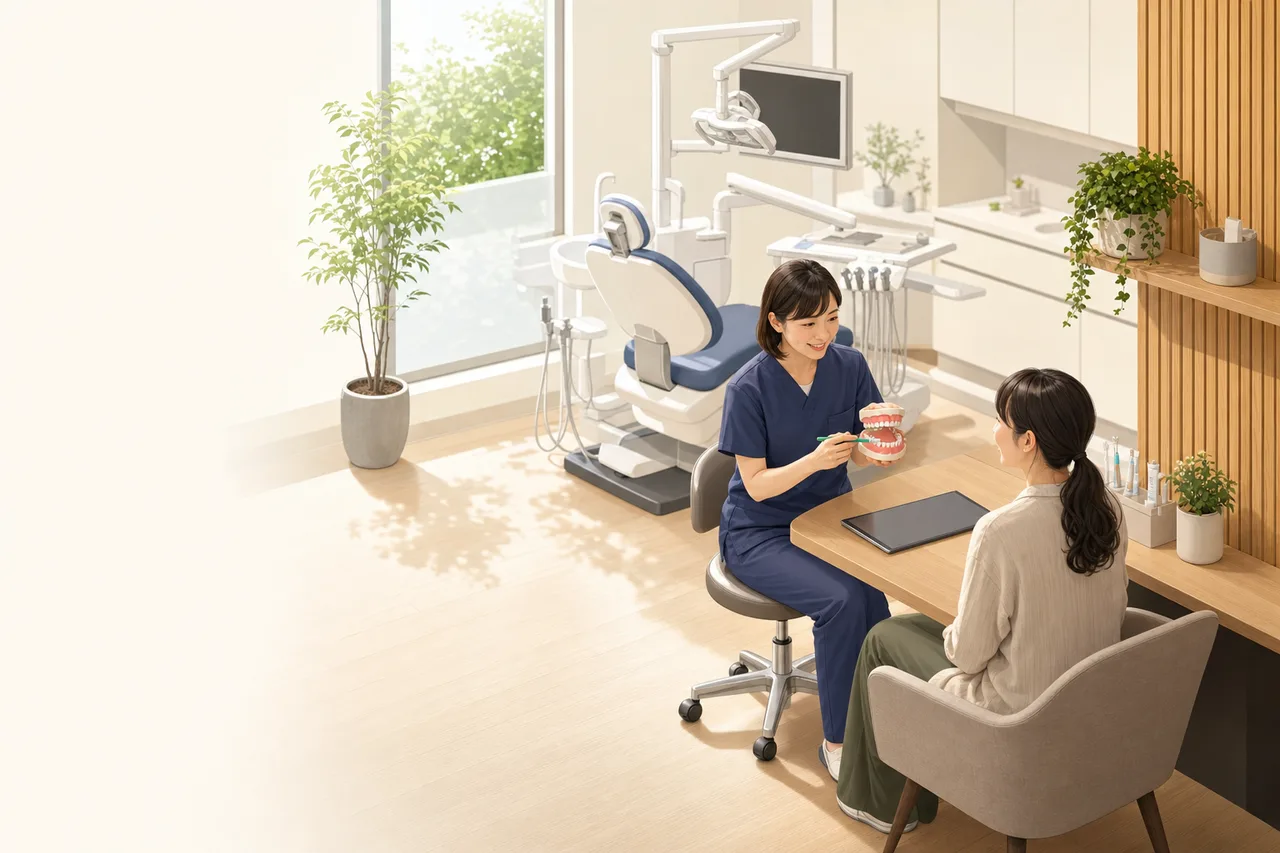 歯科医院で口腔ケアの説明を受ける患者（ブログ記事用）。歯科医院で口腔ケアの説明を受ける患者をテーマに、ブログ記事用として使いやすく構成した商用AI素材です。