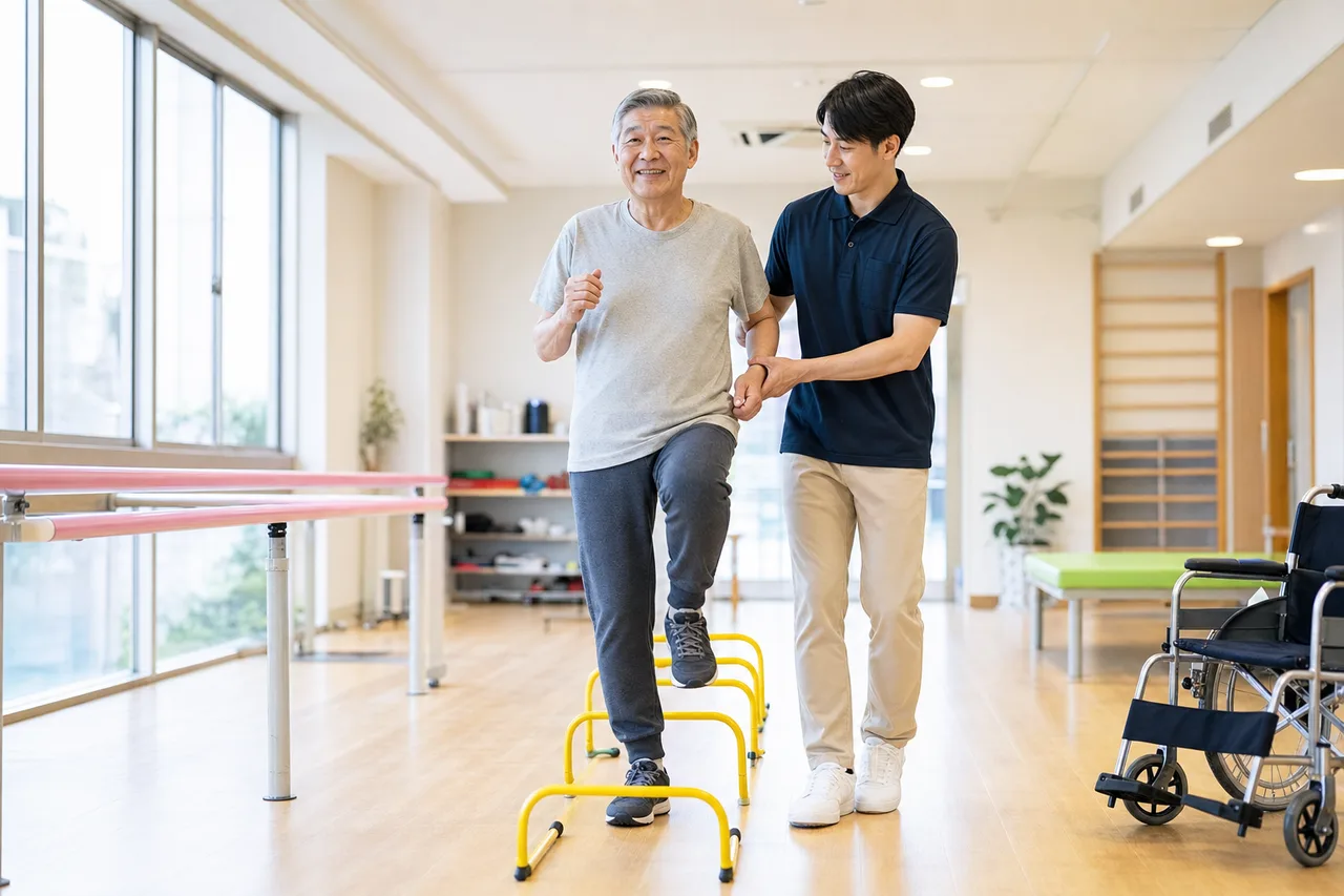理学療法士とリハビリするシニア（ブログ記事用）。理学療法士とリハビリするシニアをテーマに、ブログ記事用として使いやすく構成した商用AI素材です。
