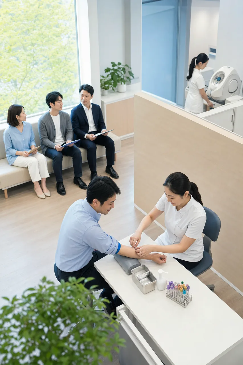 健康診断を受ける働き盛りの日本人（ブログ記事用）。健康診断を受ける働き盛りの日本人をテーマに、ブログ記事用として使いやすく構成した商用AI素材です。