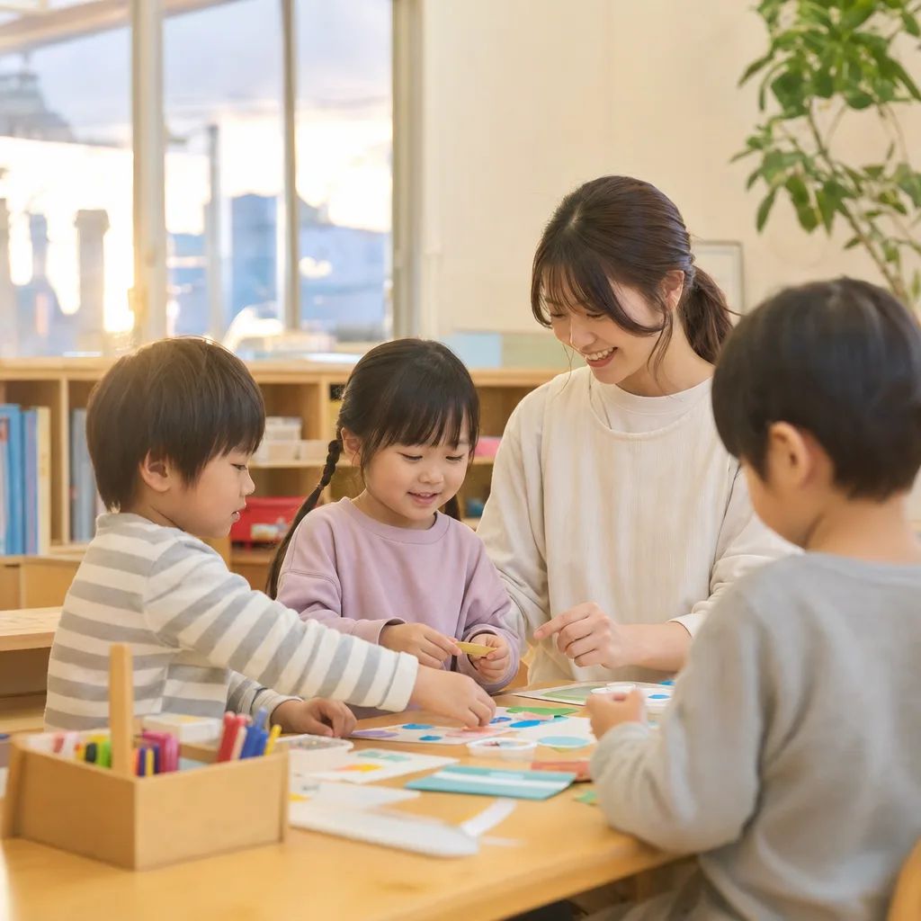 保育園で遊びながら学ぶ子どもたち（ブログ記事用）。保育園で遊びながら学ぶ子どもたちをテーマに、ブログ記事用として使いやすく構成した商用AI素材です。