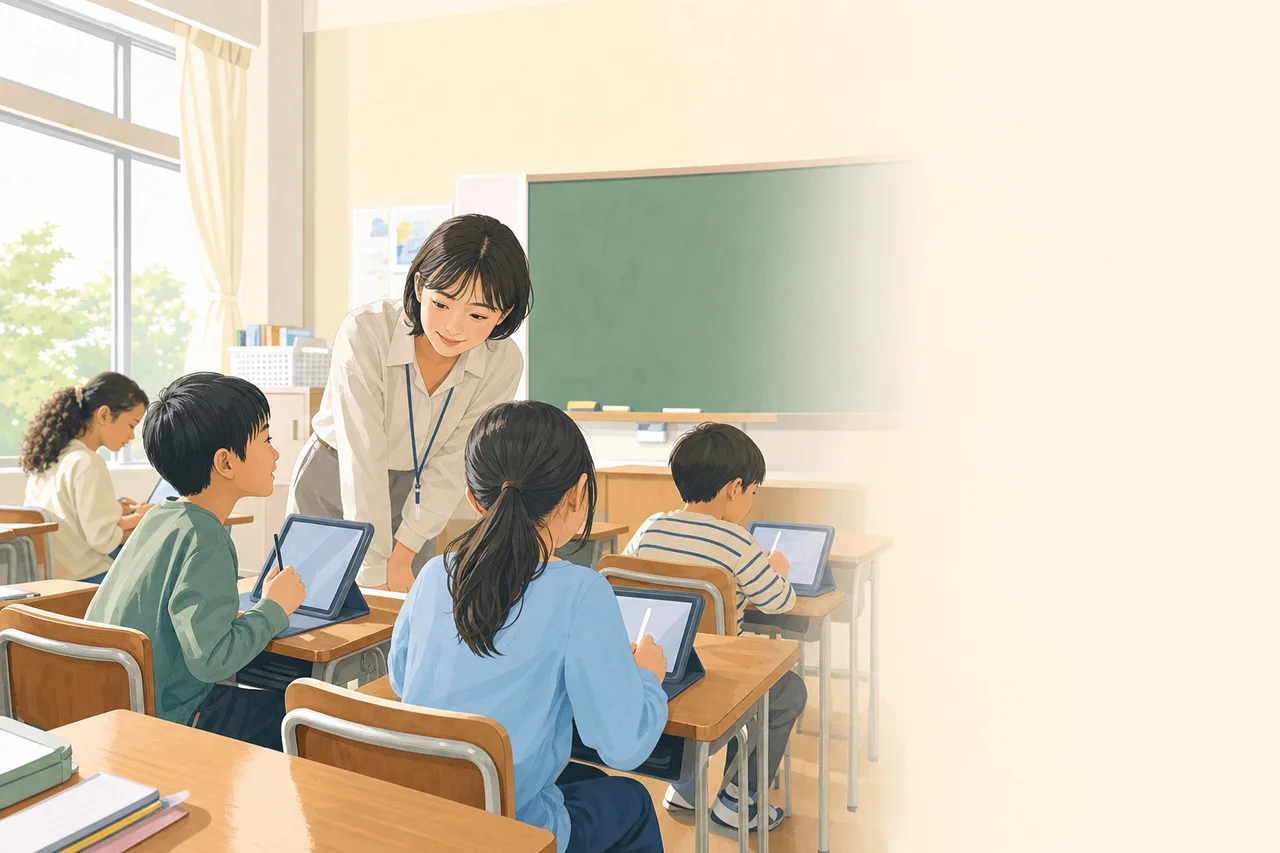 タブレットを使う日本の小学校の授業（ブログ記事用）。タブレットを使う日本の小学校の授業をテーマに、ブログ記事用として使いやすく構成した商用AI素材です。