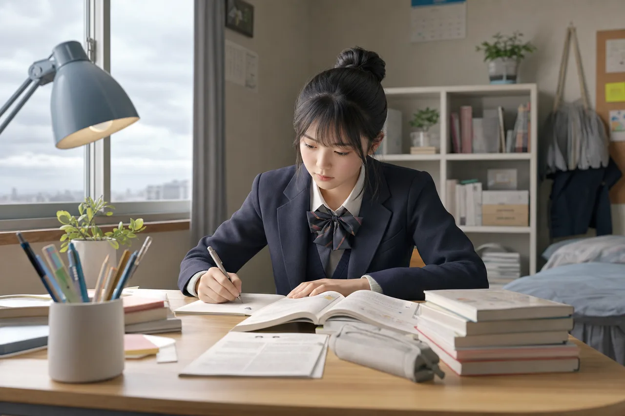 受験勉強に集中する高校生（ブログ記事用）。受験勉強に集中する高校生をテーマに、ブログ記事用として使いやすく構成した商用AI素材です。