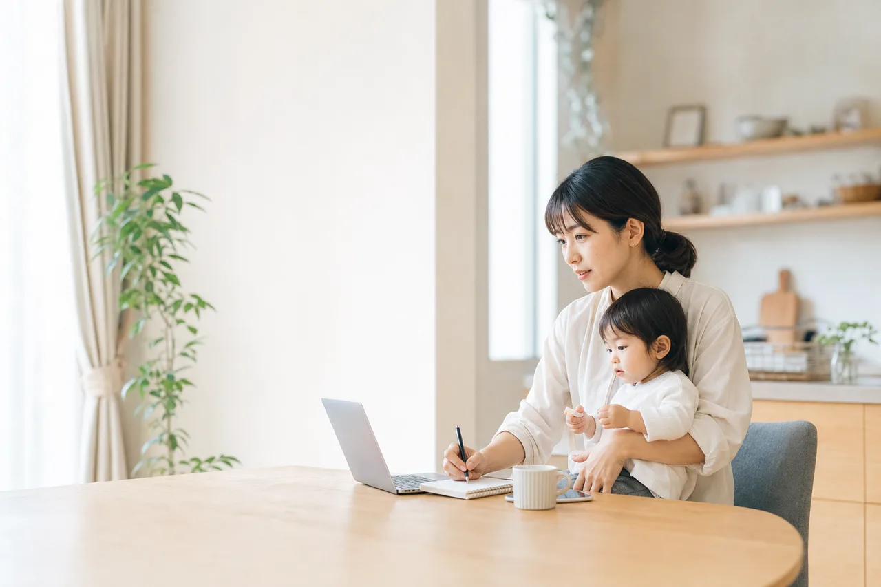 仕事と育児を両立する親（ブログ記事用）。仕事と育児を両立する親をテーマに、ブログ記事用として使いやすく構成した商用AI素材です。