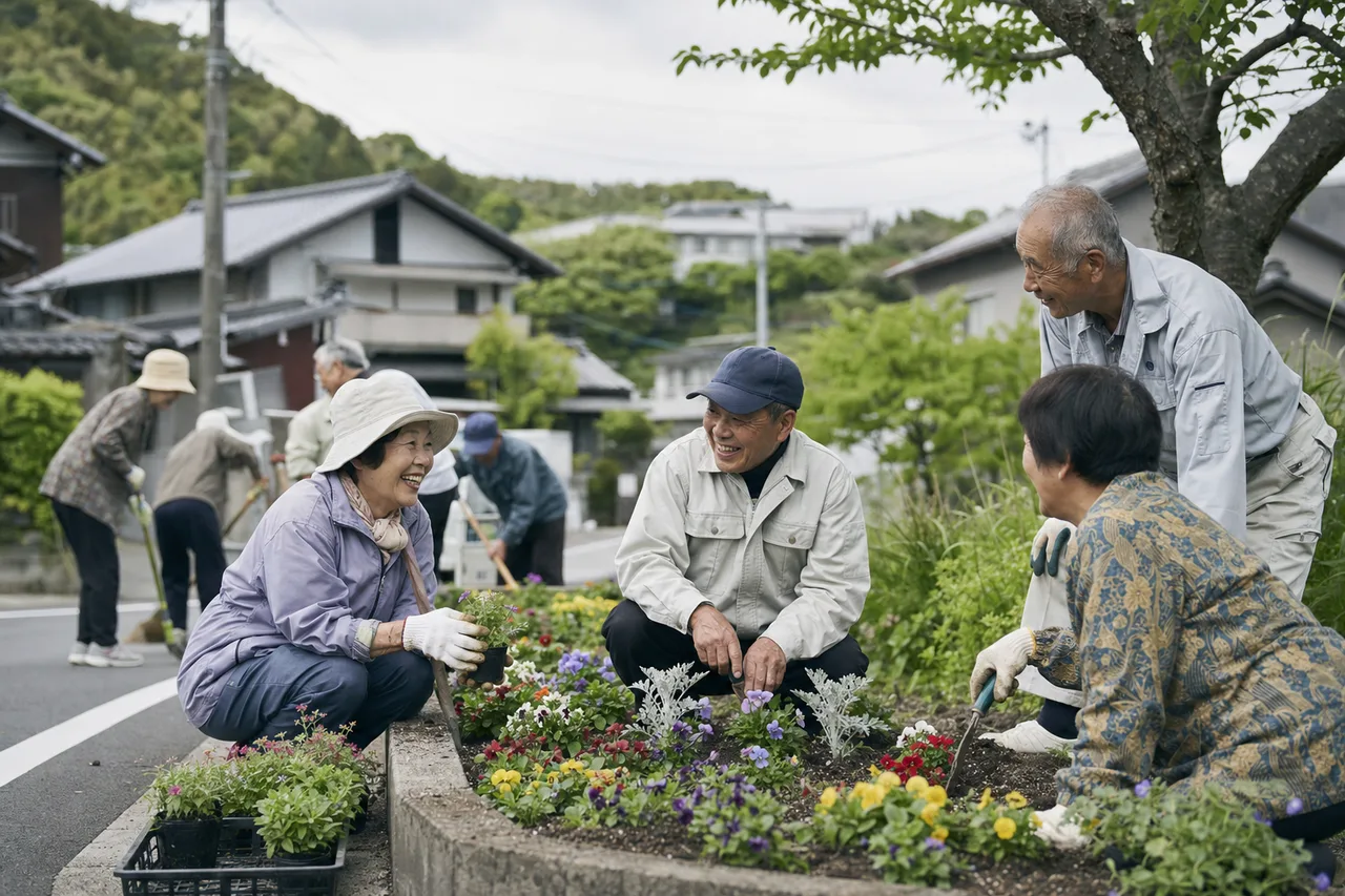 地域で生き生きと活動するシニア（ブログ記事用）。地域で生き生きと活動するシニアをテーマに、ブログ記事用として使いやすく構成した商用AI素材です。