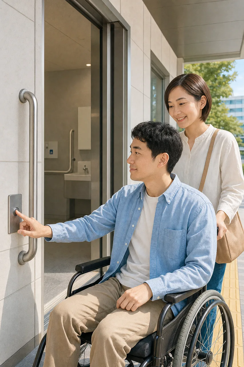 車椅子でバリアフリー施設を利用する人（ブログ記事用）。車椅子でバリアフリー施設を利用する人をテーマに、ブログ記事用として使いやすく構成した商用AI素材です。