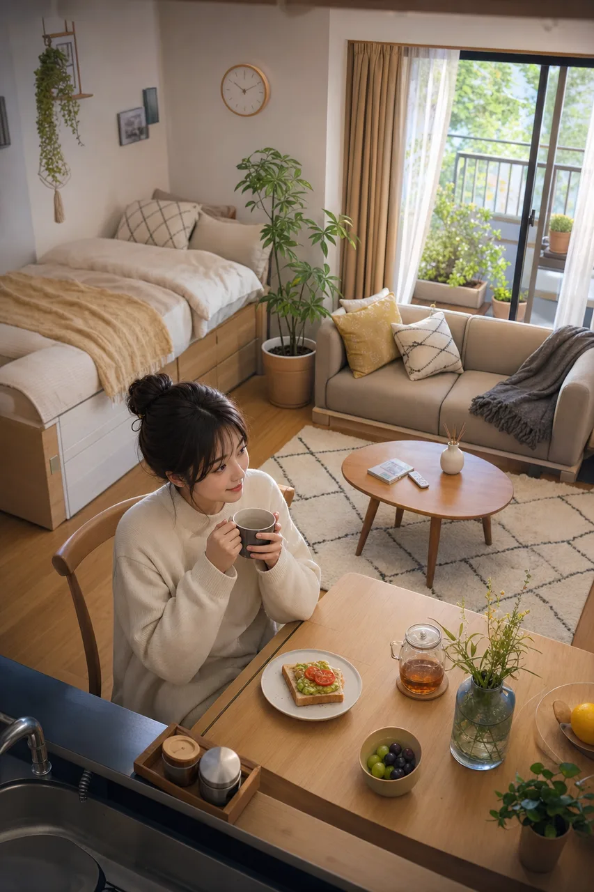 一人暮らしのコンパクトな日常（ブログ記事用）。一人暮らしのコンパクトな日常をテーマに、ブログ記事用として使いやすく構成した商用AI素材です。