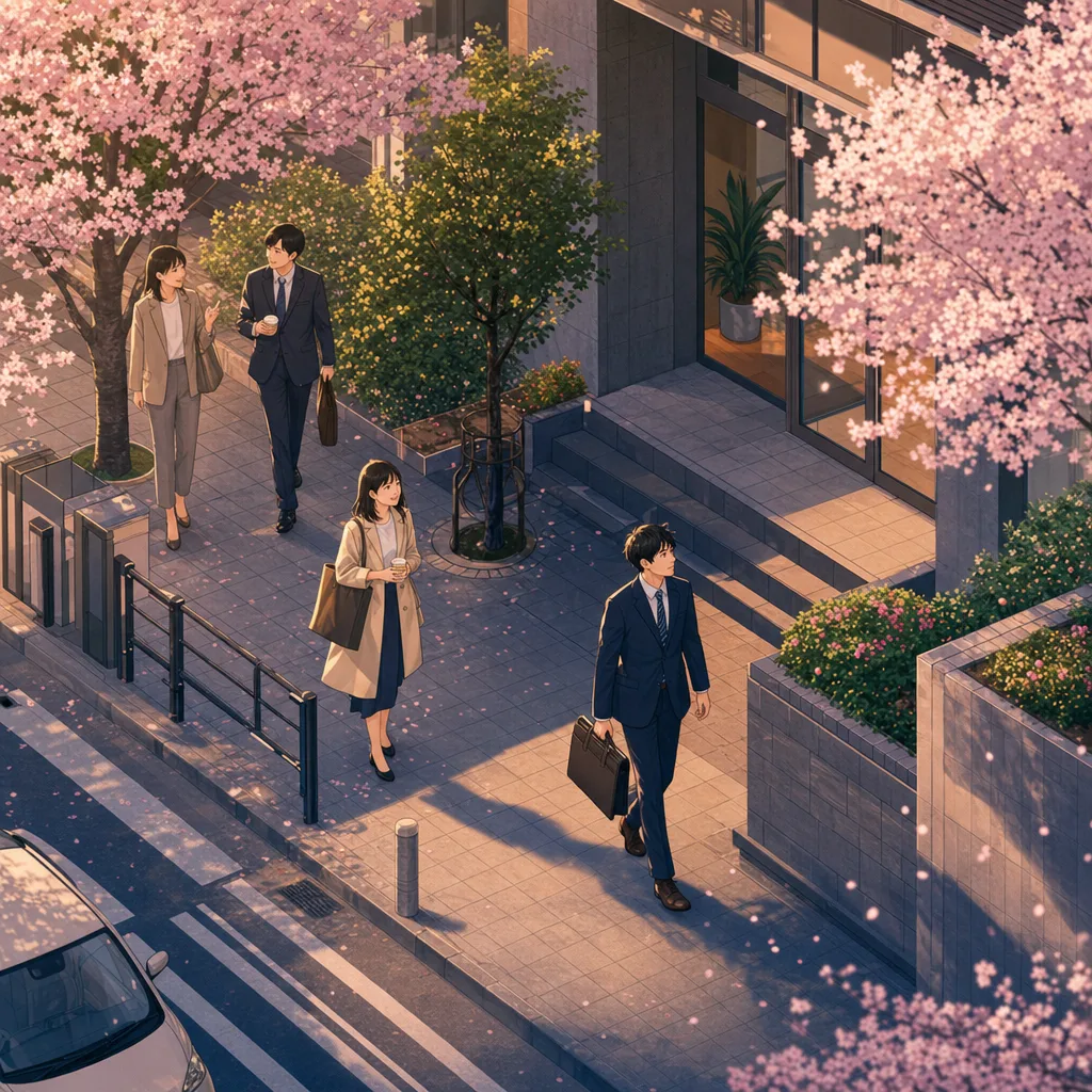 桜の季節に新生活を始める社会人（ブログ記事用）。桜の季節に新生活を始める社会人をテーマに、ブログ記事用として使いやすく構成した商用AI素材です。