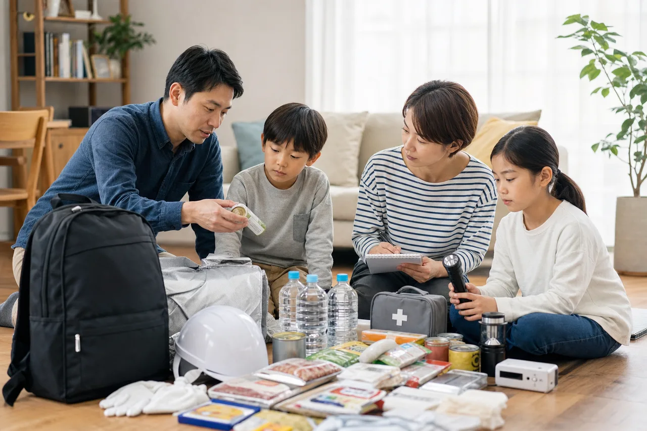 家庭で防災用品を確認する人々（ブログ記事用）。家庭で防災用品を確認する人々をテーマに、ブログ記事用として使いやすく構成した商用AI素材です。