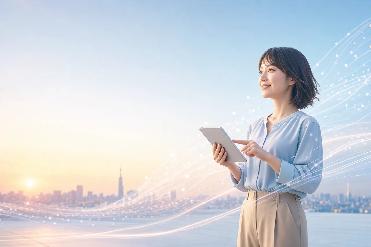 データと通信を表す抽象的なテクノロジー背景（ブログ記事用）。データと通信を表す抽象的なテクノロジー背景をテーマに、ブログ記事用として使いやすく構成した商用AI素材です。