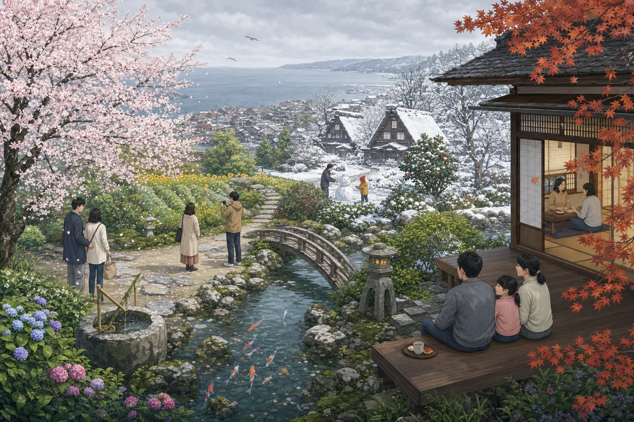 日本の四季を表す上品な和柄背景（ブログ記事用）。日本の四季を表す上品な和柄背景をテーマに、ブログ記事用として使いやすく構成した商用AI素材です。