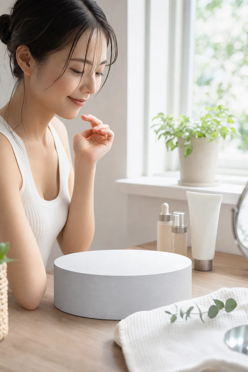商品を置ける清潔な立体展示台（ブログ記事用）。商品を置ける清潔な立体展示台をテーマに、ブログ記事用として使いやすく構成した商用AI素材です。
