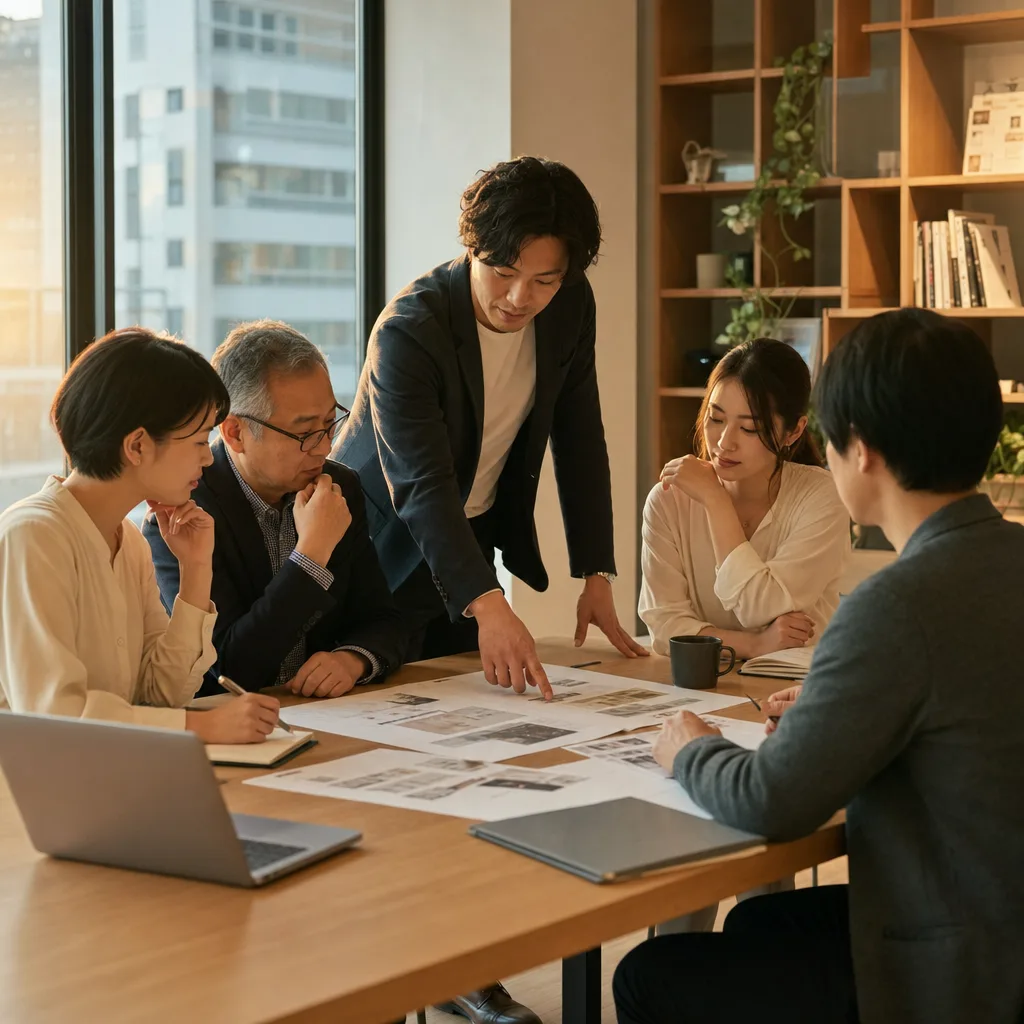 日本の中小企業の具体的な企画会議（パンフレット用）。日本の中小企業の具体的な企画会議をテーマに、パンフレット用として使いやすく構成した商用AI素材です。