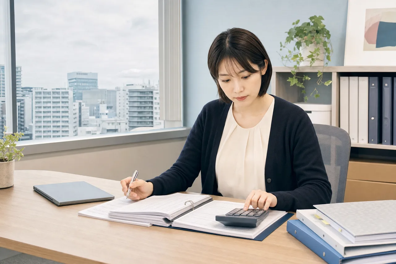 帳簿と電卓で決算を確認する経理担当者（パンフレット用）。帳簿と電卓で決算を確認する経理担当者をテーマに、パンフレット用として使いやすく構成した商用AI素材です。