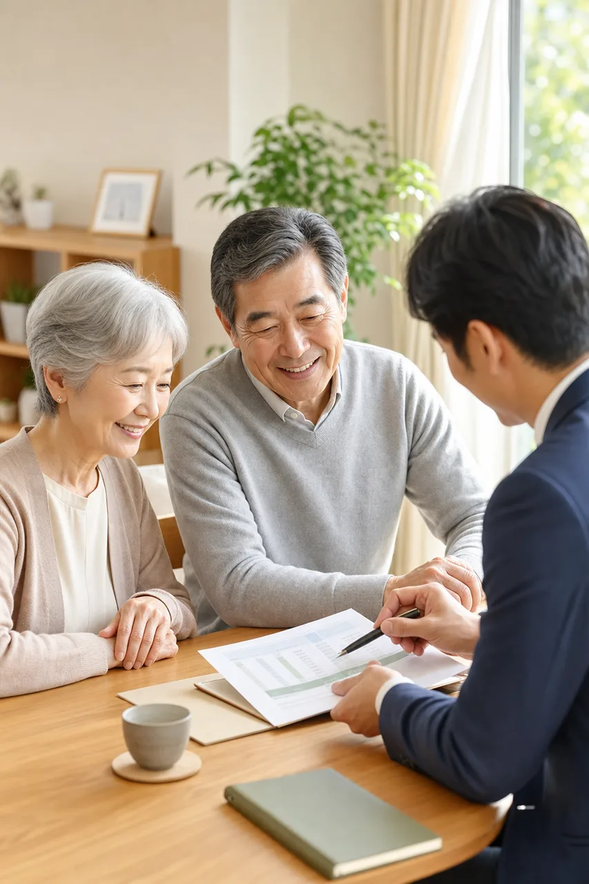シニア夫婦への保険と資産形成の相談（パンフレット用）。シニア夫婦への保険と資産形成の相談をテーマに、パンフレット用として使いやすく構成した商用AI素材です。
