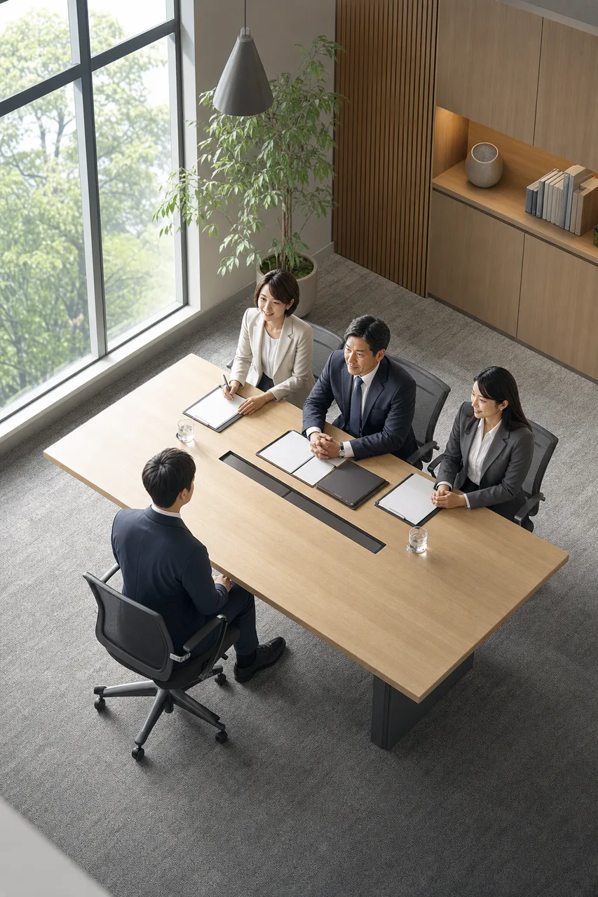 日本企業の採用面接（パンフレット用）。日本企業の採用面接をテーマに、パンフレット用として使いやすく構成した商用AI素材です。