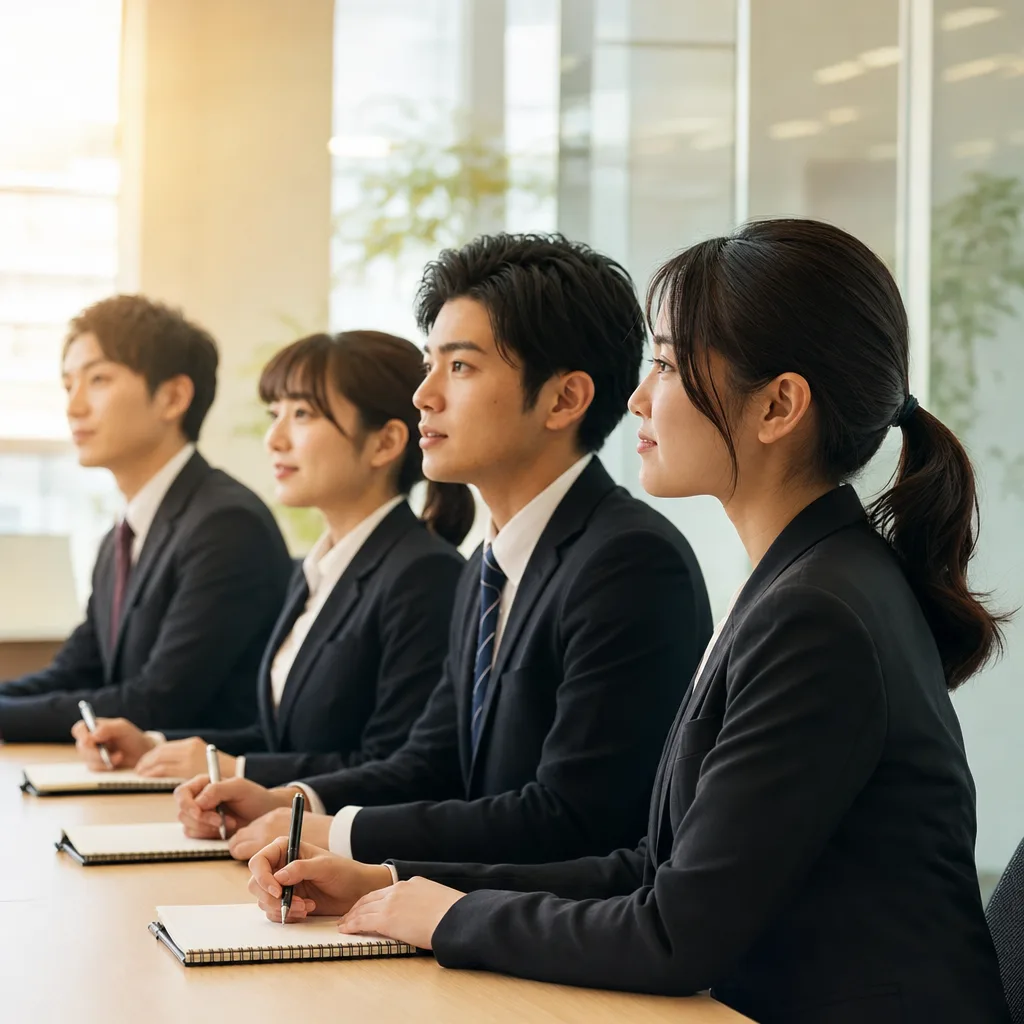 新入社員のオンボーディング研修（パンフレット用）。新入社員のオンボーディング研修をテーマに、パンフレット用として使いやすく構成した商用AI素材です。