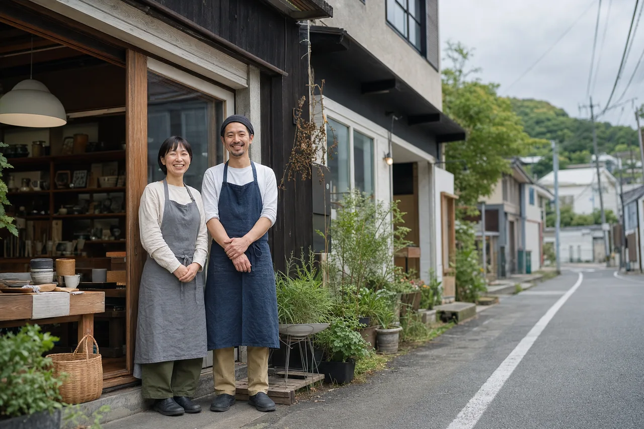 地域の小売店を営むオーナー（パンフレット用）。地域の小売店を営むオーナーをテーマに、パンフレット用として使いやすく構成した商用AI素材です。