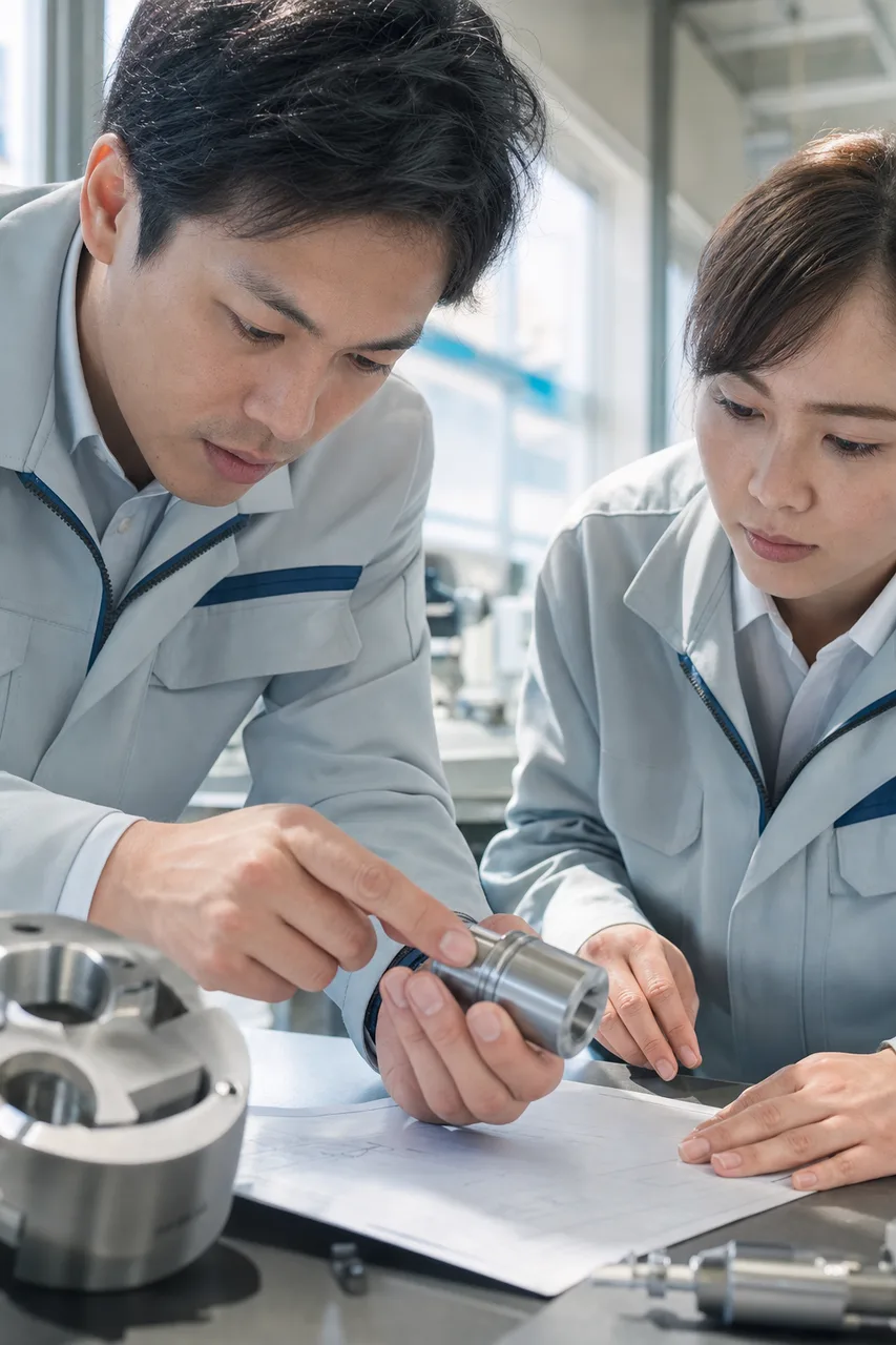 日本の製造現場で確認する技術者（パンフレット用）。日本の製造現場で確認する技術者をテーマに、パンフレット用として使いやすく構成した商用AI素材です。
