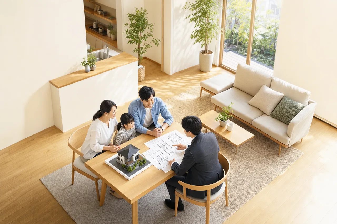 家族への住宅購入とリフォーム相談（パンフレット用）。家族への住宅購入とリフォーム相談をテーマに、パンフレット用として使いやすく構成した商用AI素材です。