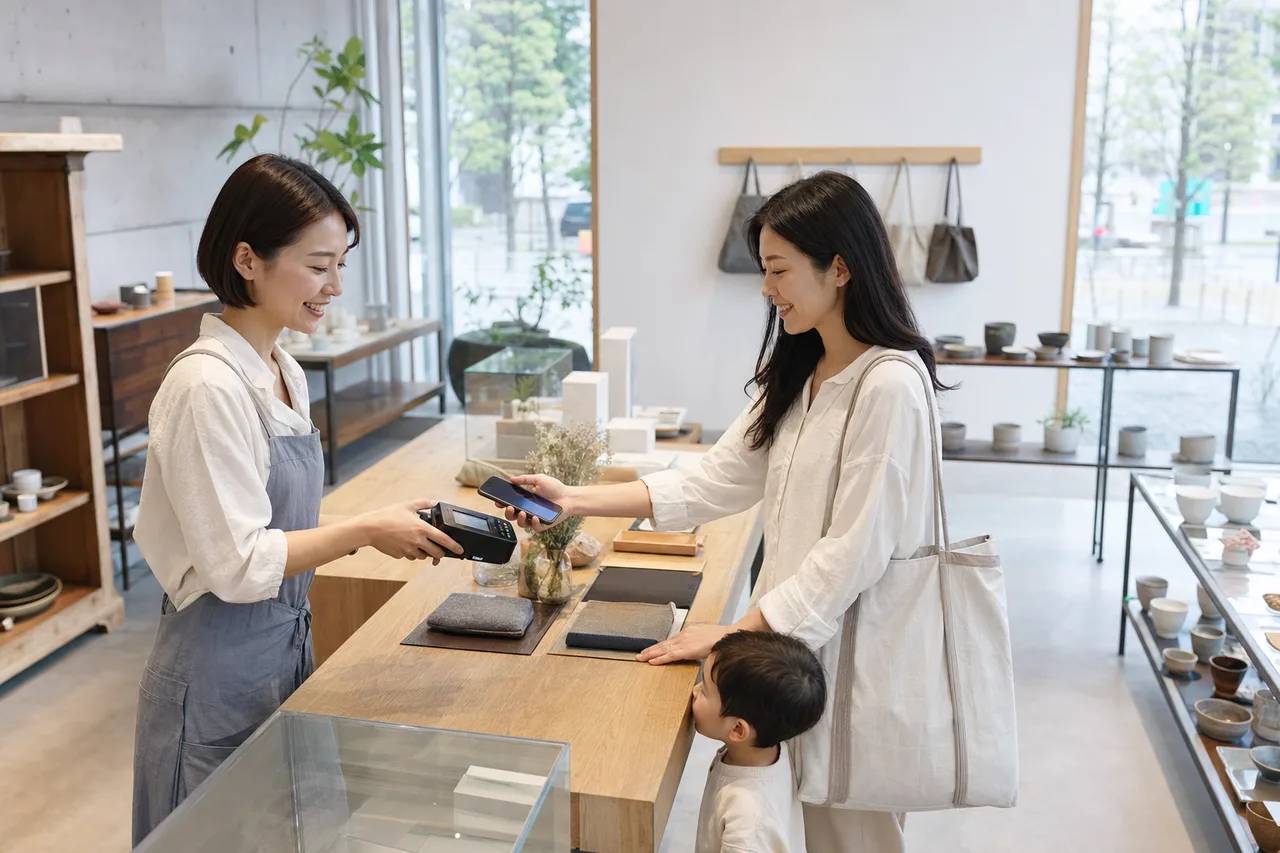 店舗でキャッシュレス決済する顧客（パンフレット用）。店舗でキャッシュレス決済する顧客をテーマに、パンフレット用として使いやすく構成した商用AI素材です。