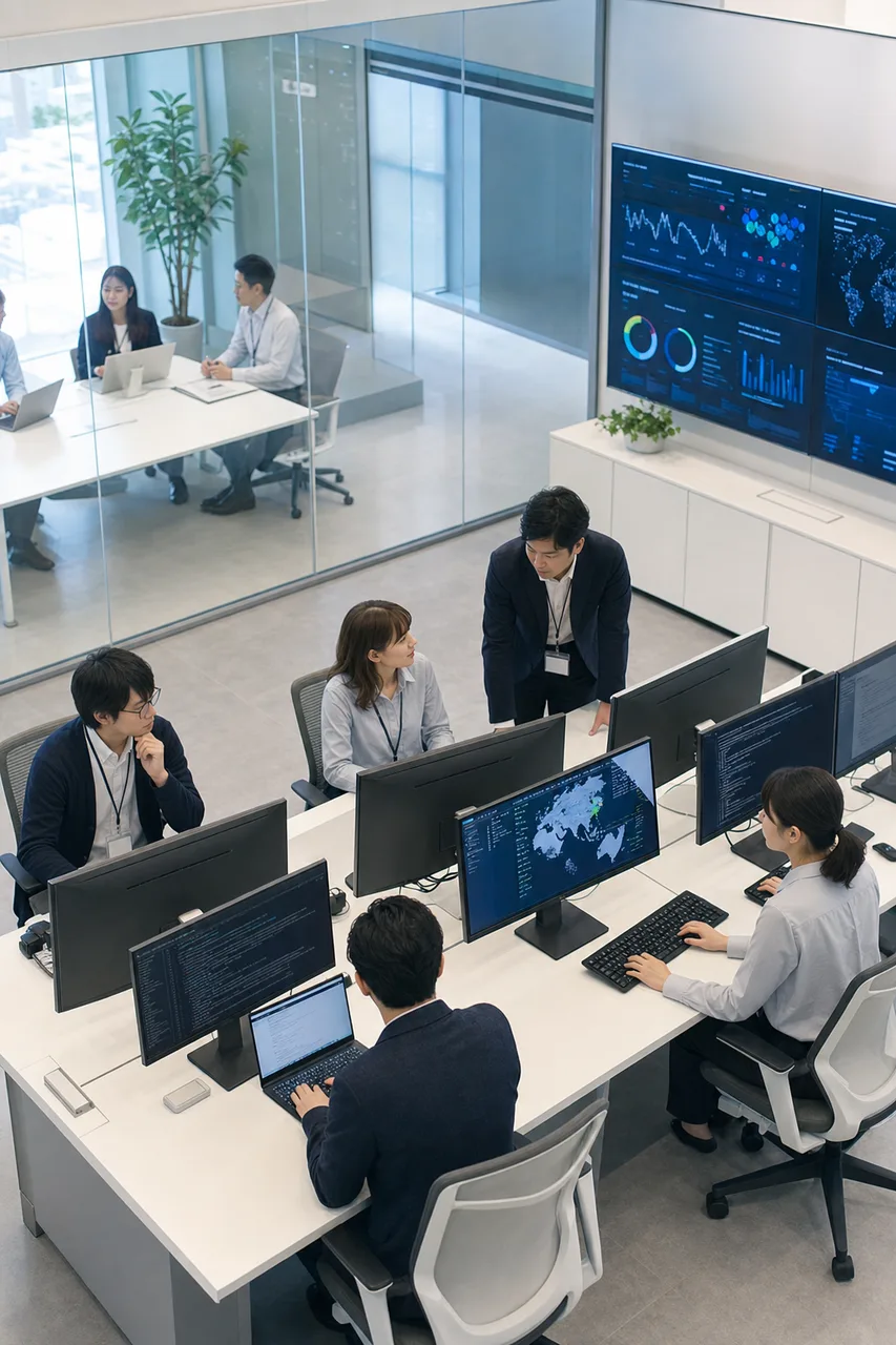 企業のサイバーセキュリティ対策（パンフレット用）。企業のサイバーセキュリティ対策をテーマに、パンフレット用として使いやすく構成した商用AI素材です。