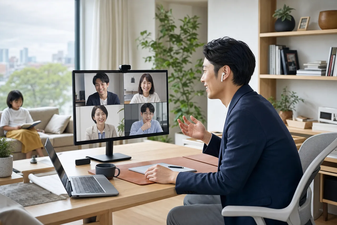 ハイブリッドワークでオンライン会議する社員（パンフレット用）。ハイブリッドワークでオンライン会議する社員をテーマに、パンフレット用として使いやすく構成した商用AI素材です。