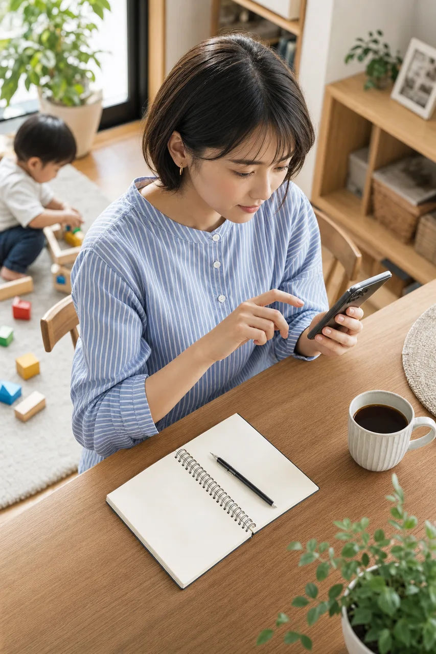 家計を管理するフィンテック利用者（パンフレット用）。家計を管理するフィンテック利用者をテーマに、パンフレット用として使いやすく構成した商用AI素材です。