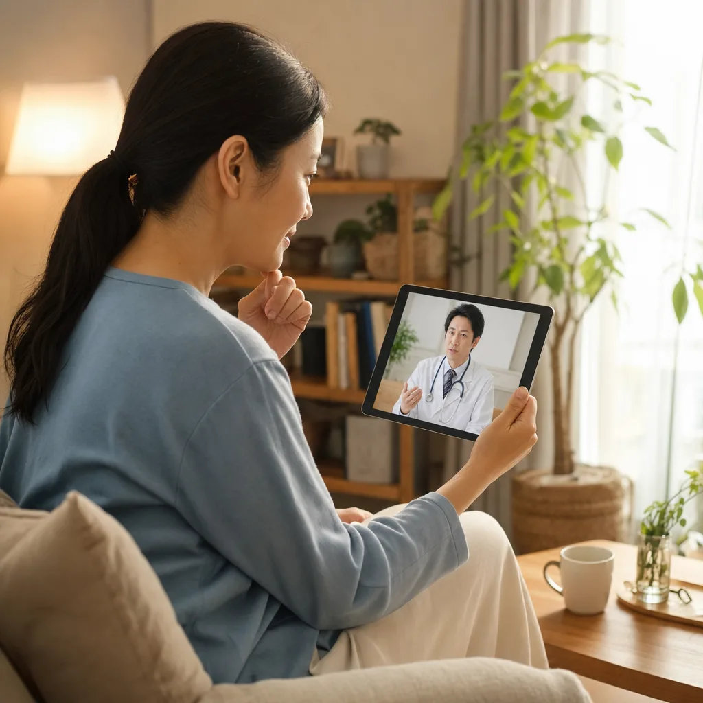 自宅でオンライン診療を受ける患者（パンフレット用）。自宅でオンライン診療を受ける患者をテーマに、パンフレット用として使いやすく構成した商用AI素材です。