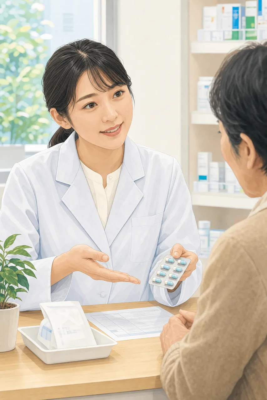 薬局で服薬説明をする薬剤師（パンフレット用）。薬局で服薬説明をする薬剤師をテーマに、パンフレット用として使いやすく構成した商用AI素材です。