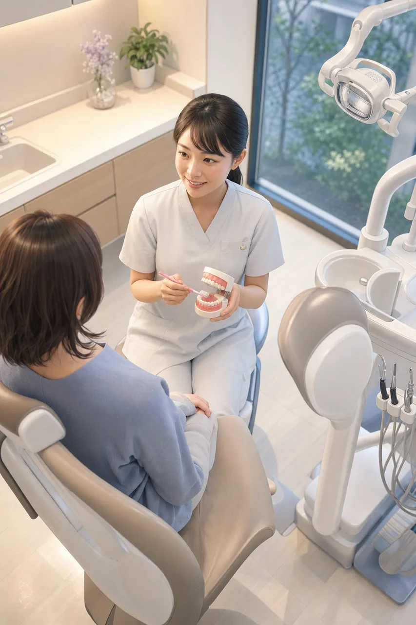 歯科医院で口腔ケアの説明を受ける患者（パンフレット用）。歯科医院で口腔ケアの説明を受ける患者をテーマに、パンフレット用として使いやすく構成した商用AI素材です。