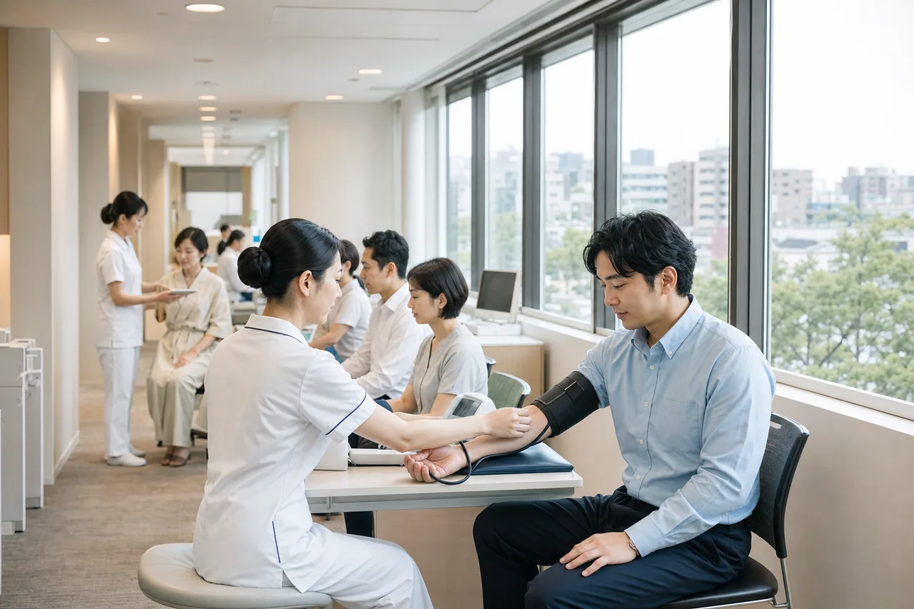 健康診断を受ける働き盛りの日本人（パンフレット用）。健康診断を受ける働き盛りの日本人をテーマに、パンフレット用として使いやすく構成した商用AI素材です。