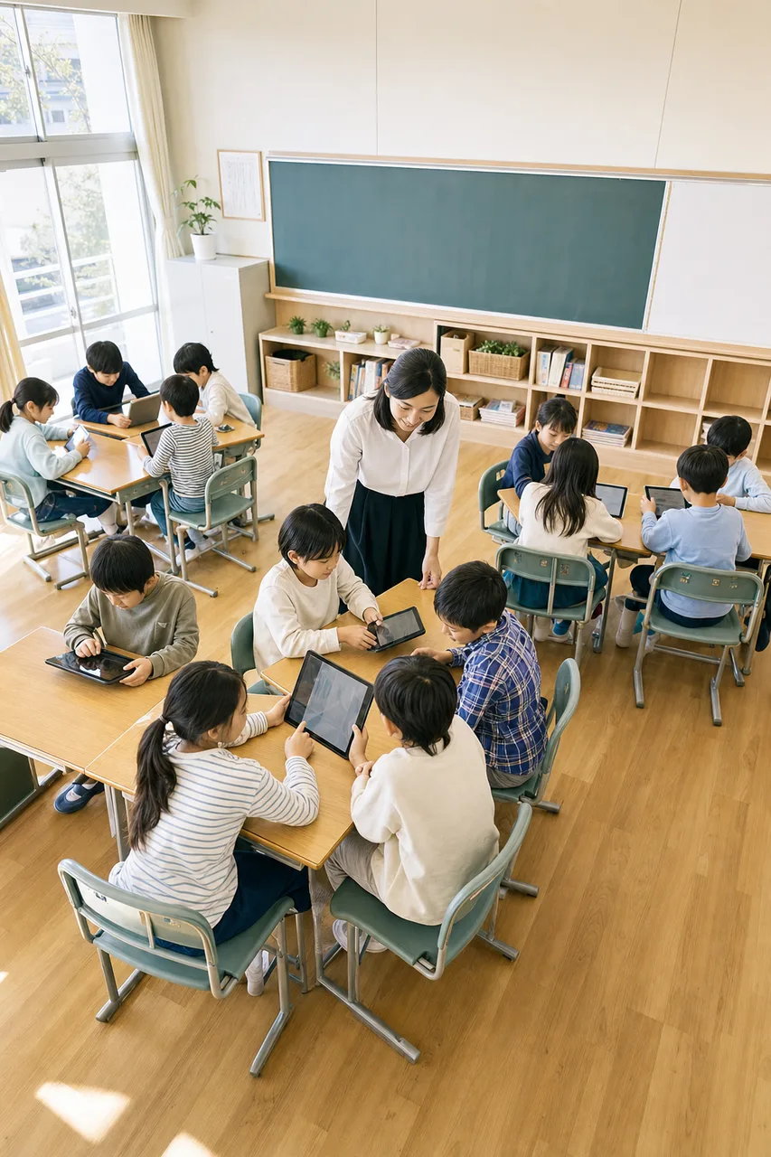 タブレットを使う日本の小学校の授業（パンフレット用）。タブレットを使う日本の小学校の授業をテーマに、パンフレット用として使いやすく構成した商用AI素材です。