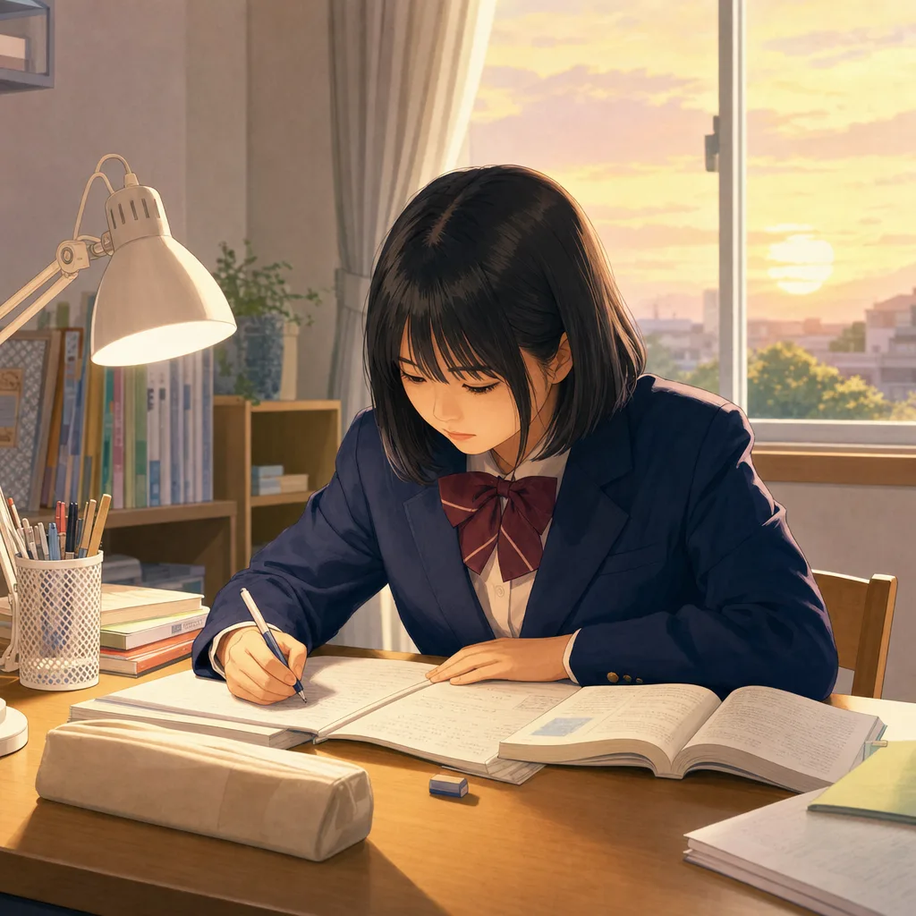 受験勉強に集中する高校生（パンフレット用）。受験勉強に集中する高校生をテーマに、パンフレット用として使いやすく構成した商用AI素材です。