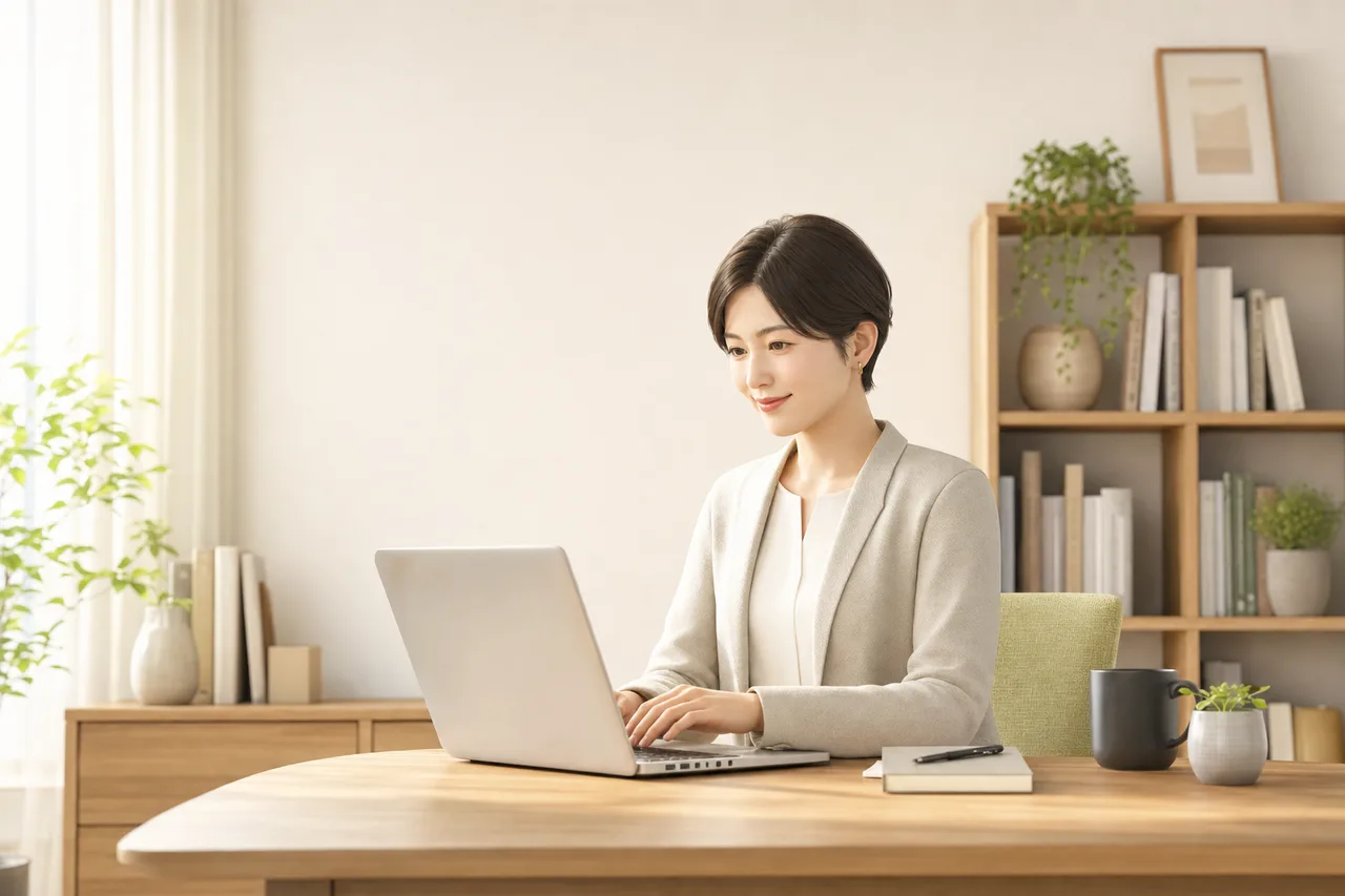デジタルスキルを学び直す社会人（パンフレット用）。デジタルスキルを学び直す社会人をテーマに、パンフレット用として使いやすく構成した商用AI素材です。
