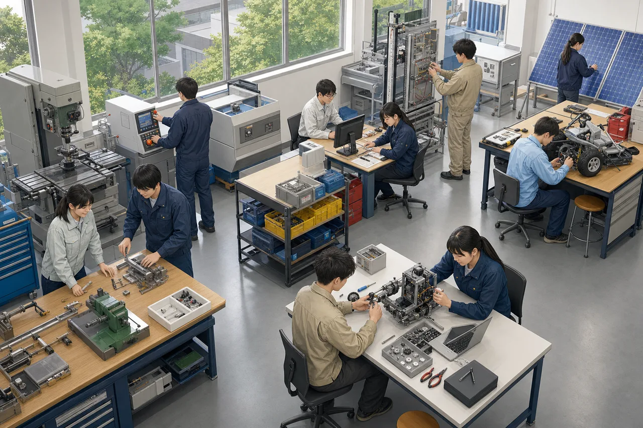 専門技術を実習する若い学生（パンフレット用）。専門技術を実習する若い学生をテーマに、パンフレット用として使いやすく構成した商用AI素材です。
