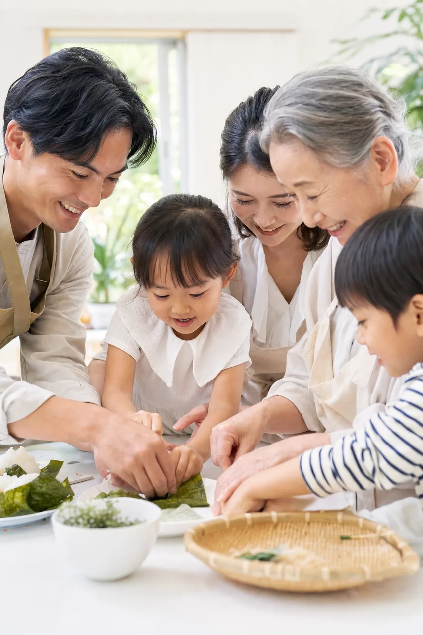 日本の三世代家族の日常（パンフレット用）。日本の三世代家族の日常をテーマに、パンフレット用として使いやすく構成した商用AI素材です。