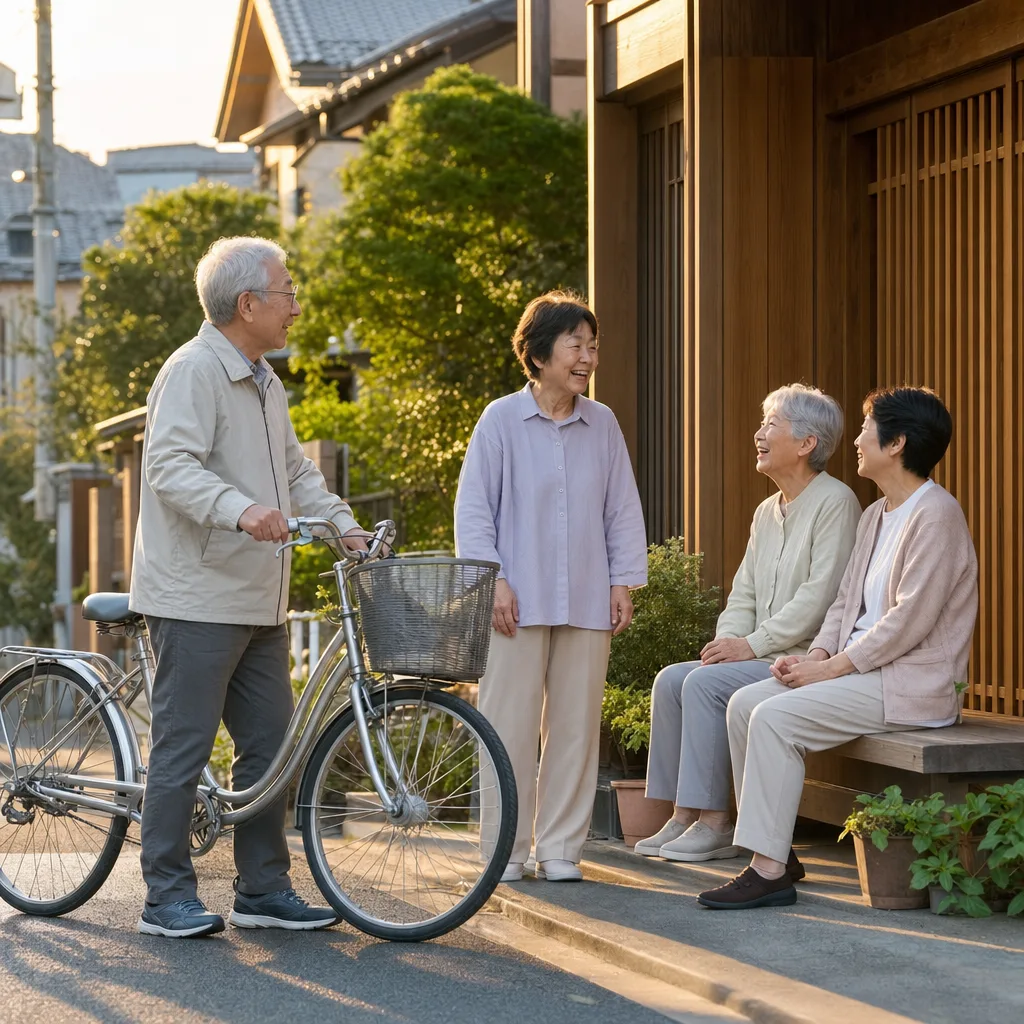 地域で生き生きと活動するシニア（パンフレット用）。地域で生き生きと活動するシニアをテーマに、パンフレット用として使いやすく構成した商用AI素材です。