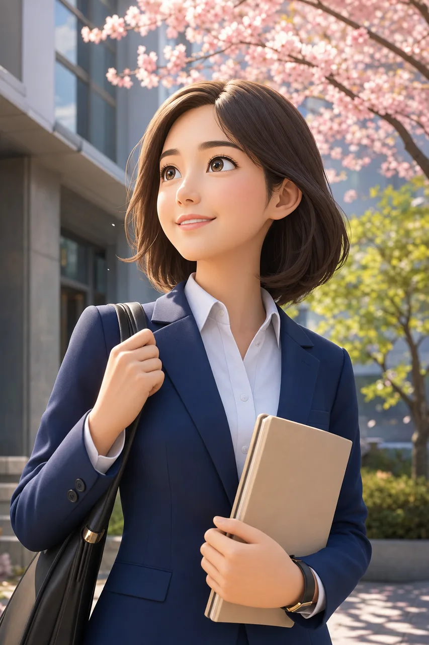 桜の季節に新生活を始める社会人（パンフレット用）。桜の季節に新生活を始める社会人をテーマに、パンフレット用として使いやすく構成した商用AI素材です。