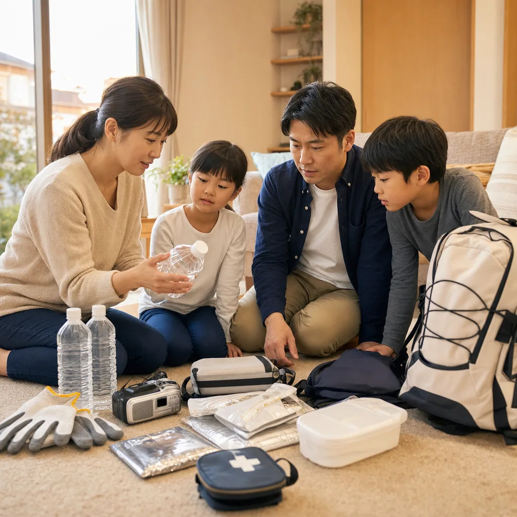 家庭で防災用品を確認する人々（パンフレット用）。家庭で防災用品を確認する人々をテーマに、パンフレット用として使いやすく構成した商用AI素材です。