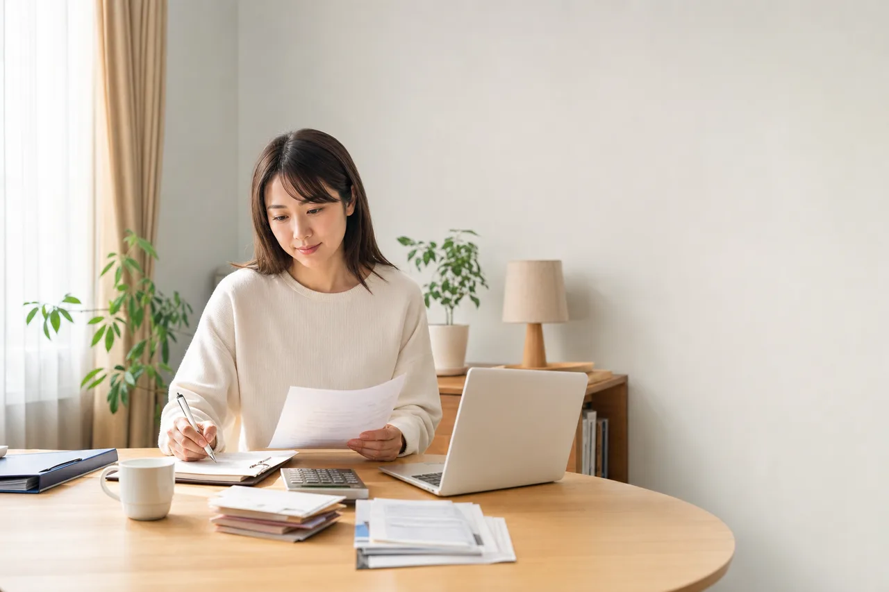 年末調整と確定申告を準備する人（パンフレット用）。年末調整と確定申告を準備する人をテーマに、パンフレット用として使いやすく構成した商用AI素材です。