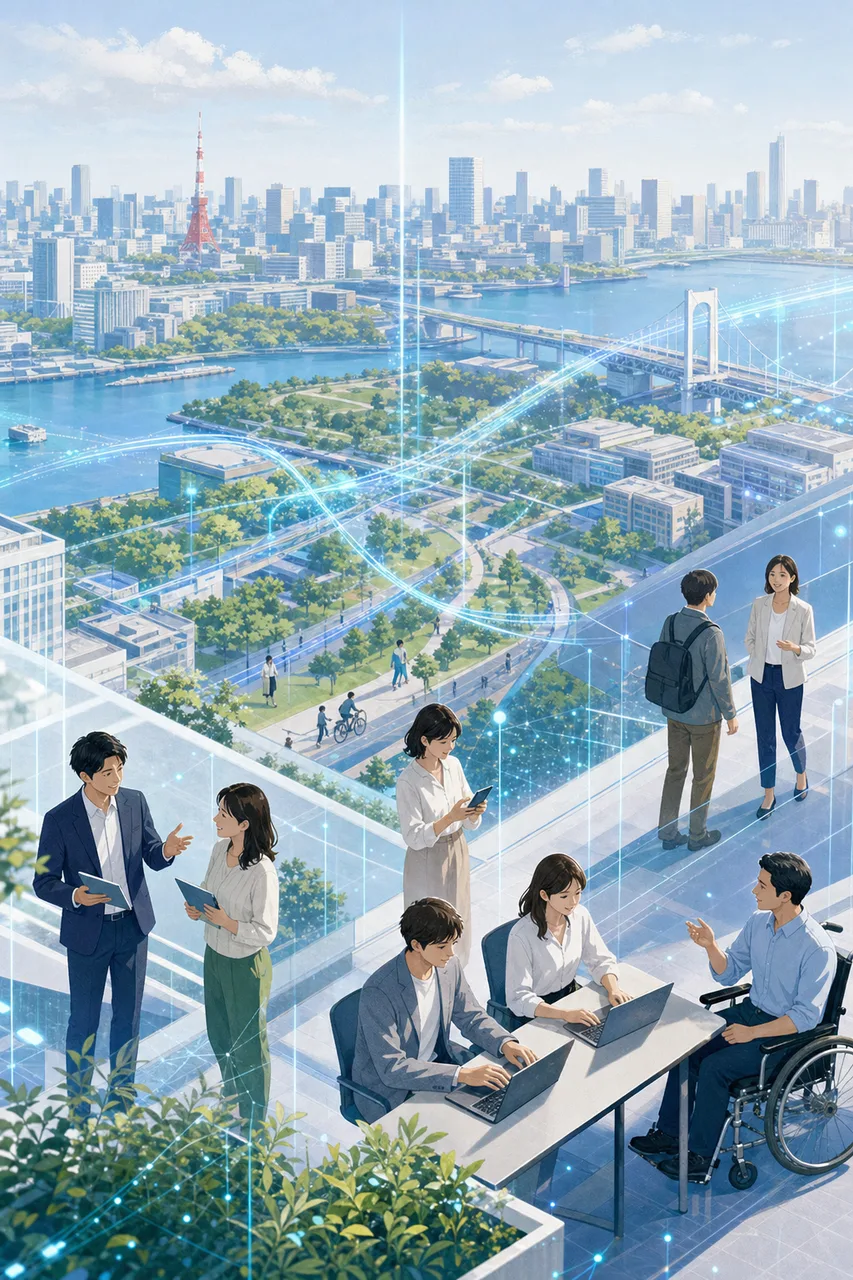 データと通信を表す抽象的なテクノロジー背景（パンフレット用）。データと通信を表す抽象的なテクノロジー背景をテーマに、パンフレット用として使いやすく構成した商用AI素材です。