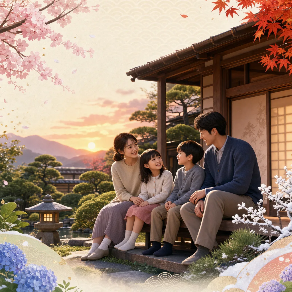 日本の四季を表す上品な和柄背景（パンフレット用）。日本の四季を表す上品な和柄背景をテーマに、パンフレット用として使いやすく構成した商用AI素材です。