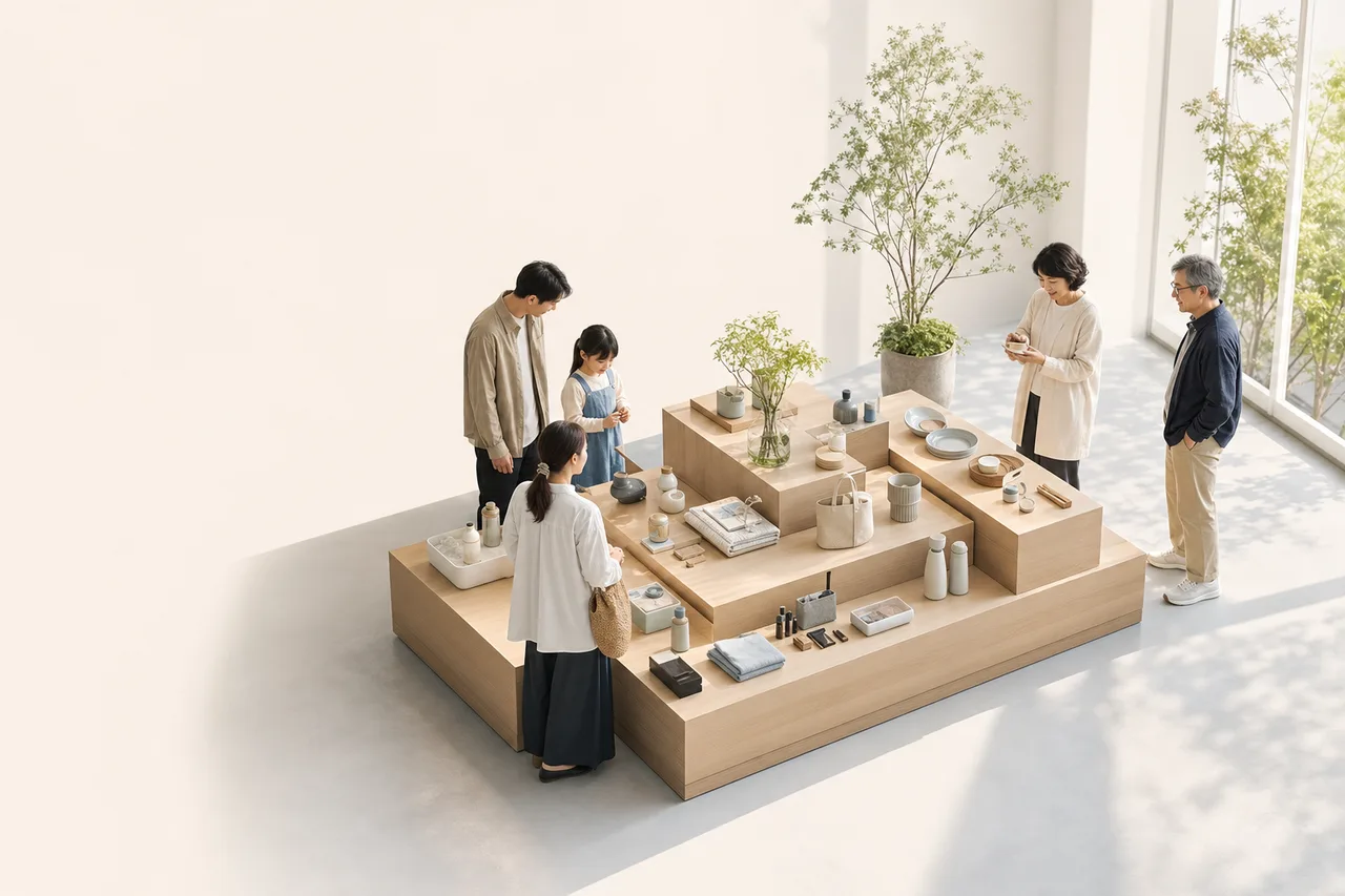 商品を置ける清潔な立体展示台（パンフレット用）。商品を置ける清潔な立体展示台をテーマに、パンフレット用として使いやすく構成した商用AI素材です。