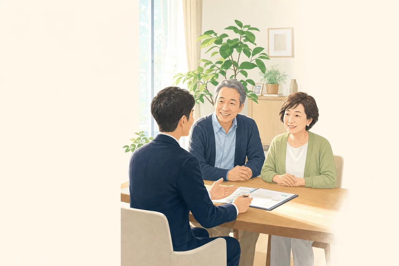 シニア夫婦への保険と資産形成の相談（動画サムネイル用）。シニア夫婦への保険と資産形成の相談をテーマに、動画サムネイル用として使いやすく構成した商用AI素材です。