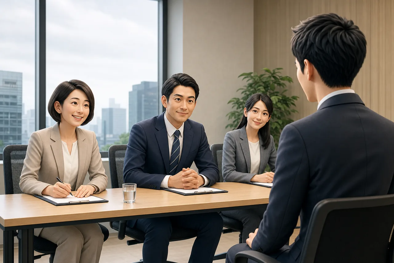 日本企業の採用面接（動画サムネイル用）。日本企業の採用面接をテーマに、動画サムネイル用として使いやすく構成した商用AI素材です。