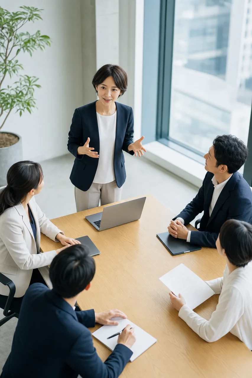 日本人女性管理職のリーダーシップ（動画サムネイル用）。日本人女性管理職のリーダーシップをテーマに、動画サムネイル用として使いやすく構成した商用AI素材です。