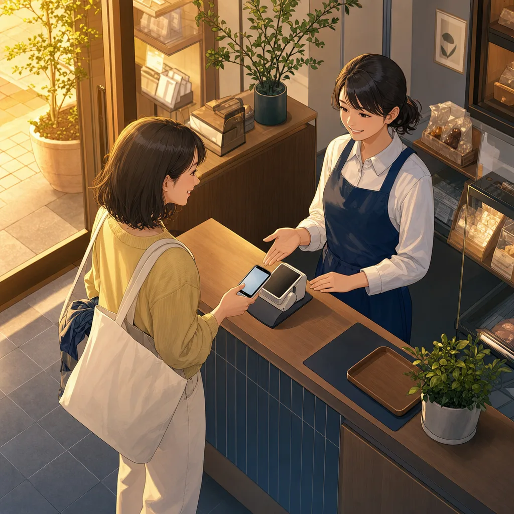 店舗でキャッシュレス決済する顧客（動画サムネイル用）。店舗でキャッシュレス決済する顧客をテーマに、動画サムネイル用として使いやすく構成した商用AI素材です。